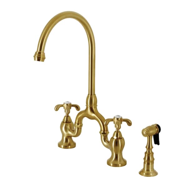 Kingston Brass Bridge Kitchen Faucet with Brass Sprayer, Brushed Brass KS7797TXBS - main